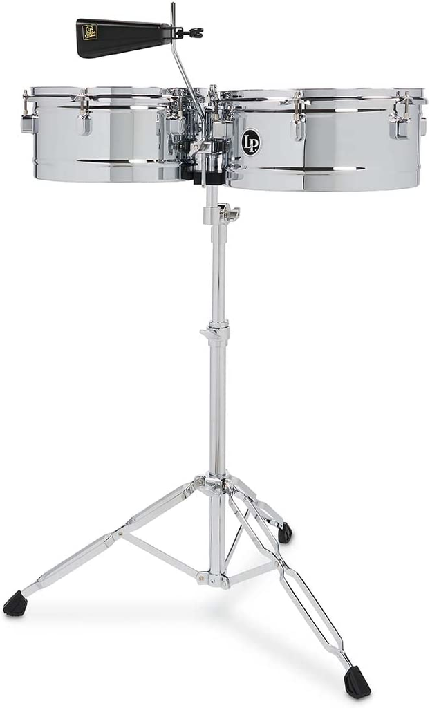 SET DE TIMBALES LP, SERIE ASPIRE, ACERO INOXIDABLE CROMADO, MEDIDAS 13 Y 14, CON CENCERRO Y PEDESTAL