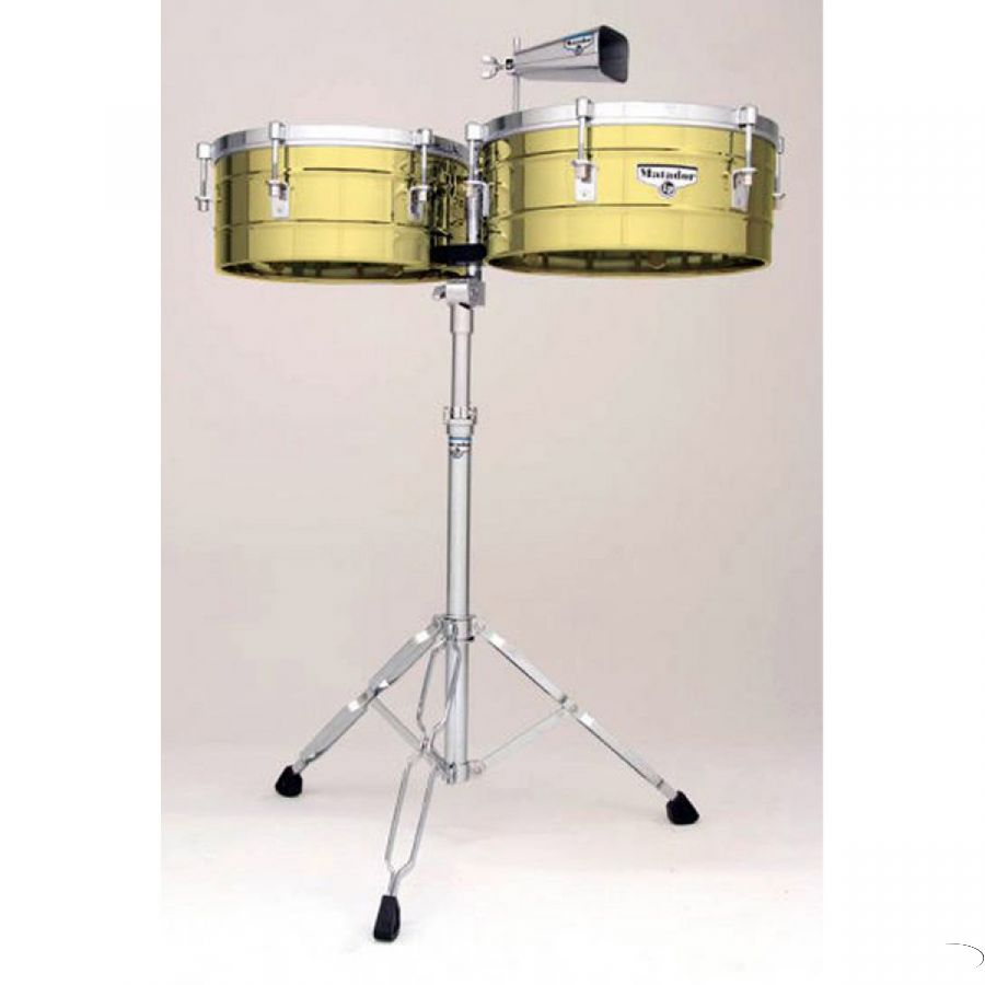 SET DE TIMBALES LP, SERIE MATADOR, LATON COLOR DORADO, MEDIDAS 14 Y 15, CON SOPORTE CROMADO