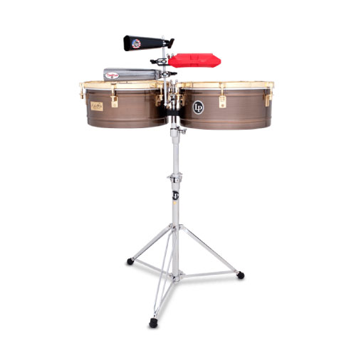SET DE TIMBALES LP, SERIE KARL PERAZZO, ACERO INOXIDABLE, MEDIDAS 14 Y 15, CON SOPORTE CROMADO, COLOR BRONCE ANTIGUO