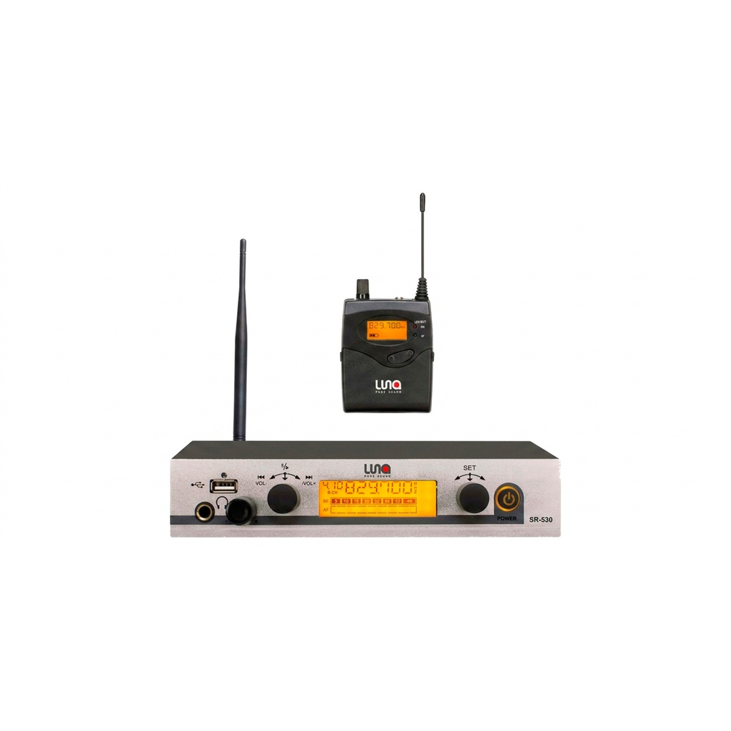 SISTEMA DE MONITOREO LUNA, INALAMBRICO, RESPUESTA DE FRECUENCIA DE 50Hz - 15Khz, INCLUYE AURICULARES Y RECEPTOR, 40 CANALES INTERCAMBIABLES.