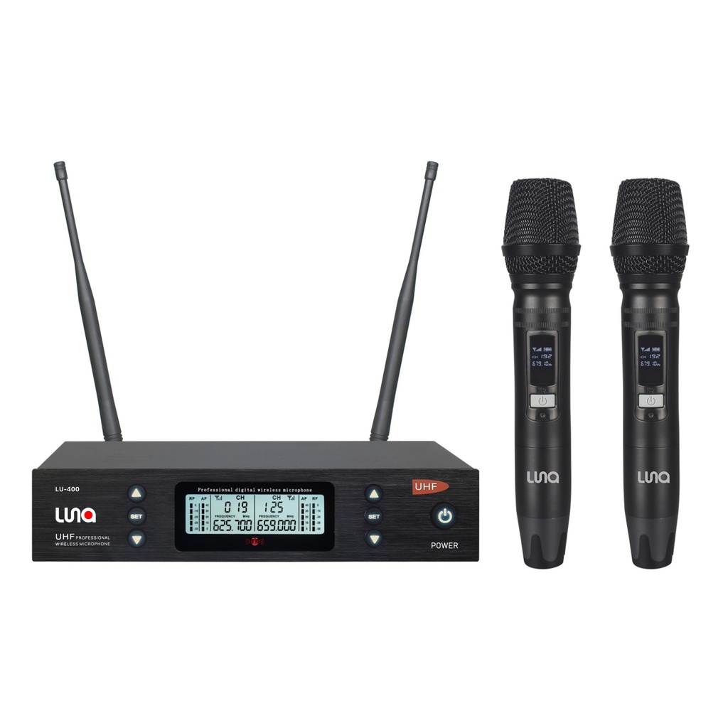 SISTEMA MICROFONO DOBLE INALAMBRICO LUNA, UHF, DINAMICO, DIGITAL, DE MANO, CON RECEPTOR, 70 METROS DE ALCANCE MAXIMO, 200 FRECUENCIAS INTERCAMBIABLES.