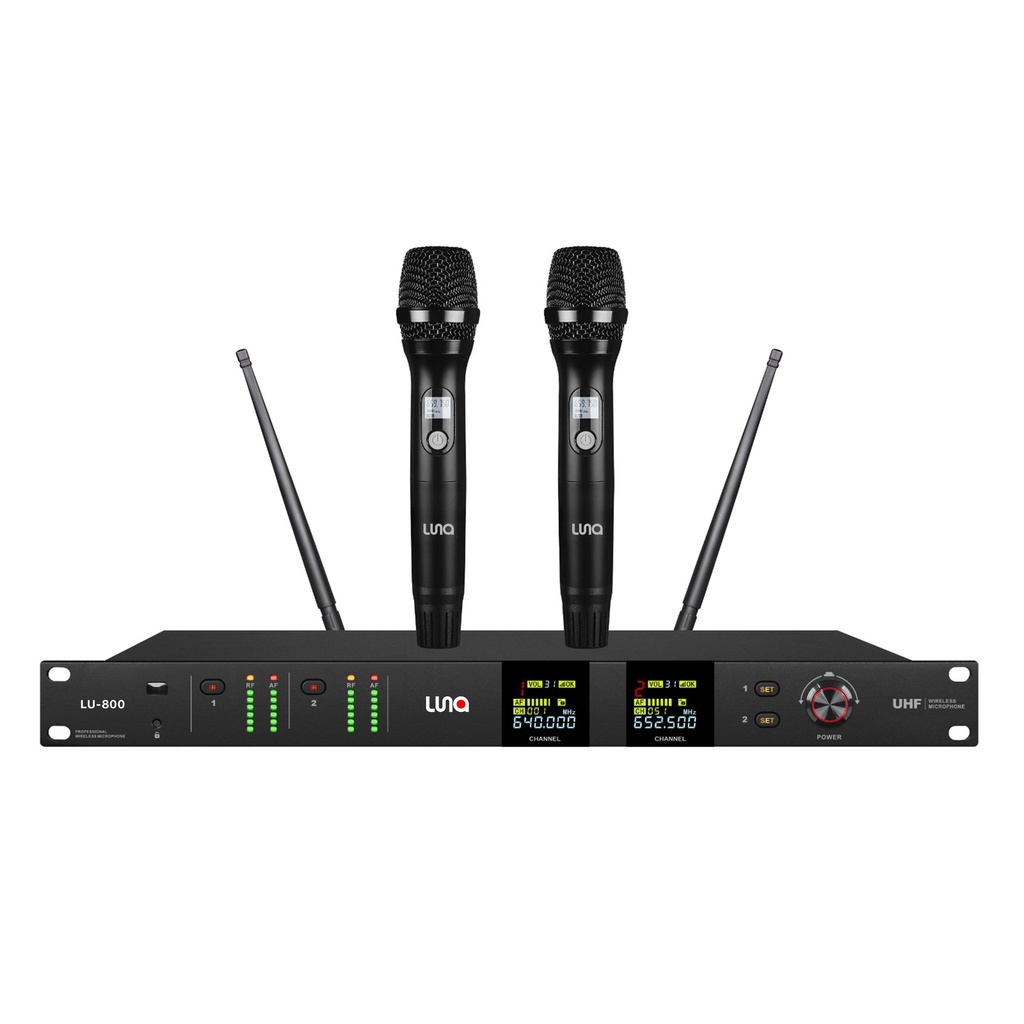 SISTEMA MICROFONO DOBLE INALAMBRICO LUNA, DINAMICO, DIGITAL, DE MANO, CON RECEPTOR, 80 METOS DE ALCANCE MAXIMO