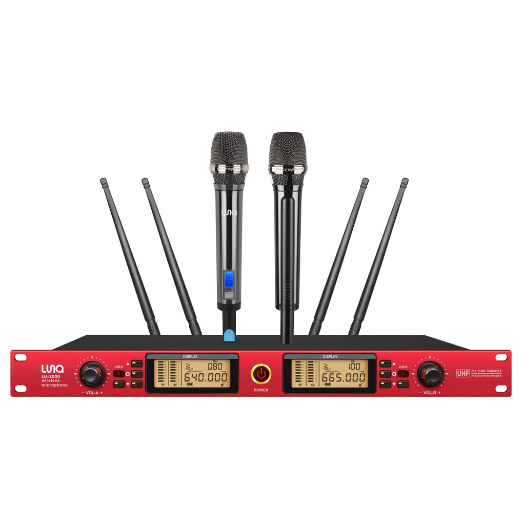 SISTEMA MICROFONO DOBLE INALAMBRICO LUNA, DINAMICO, DIGITAL, DE MANO, CON RECEPTOR, 1000 METROS DE ALCANCE MAXIMO