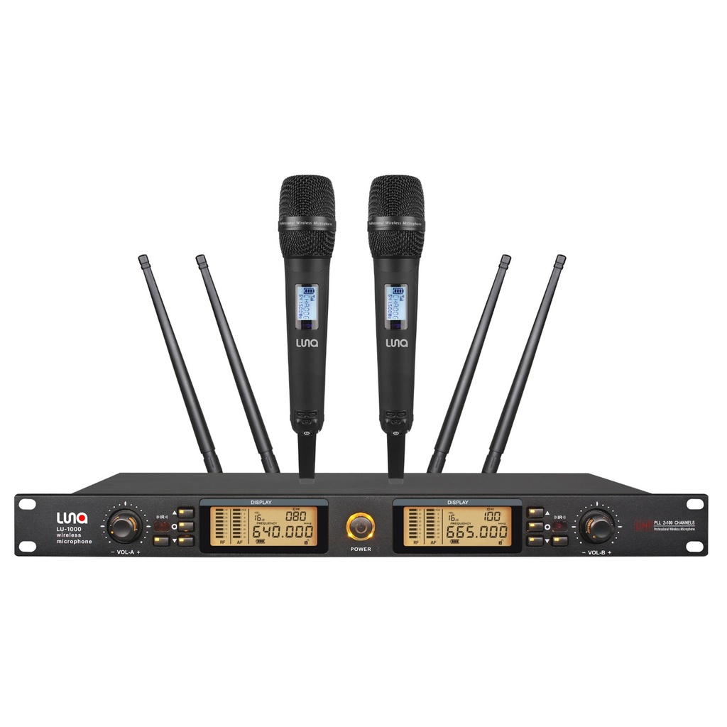 SISTEMA MICROFONO DOBLE INALAMBRICO LUNA, DINAMICO, DIGITAL, DE MANO, CON RECEPTOR, 200 METROS DE ALCANCE MAXIMO, NEGRO MATE
