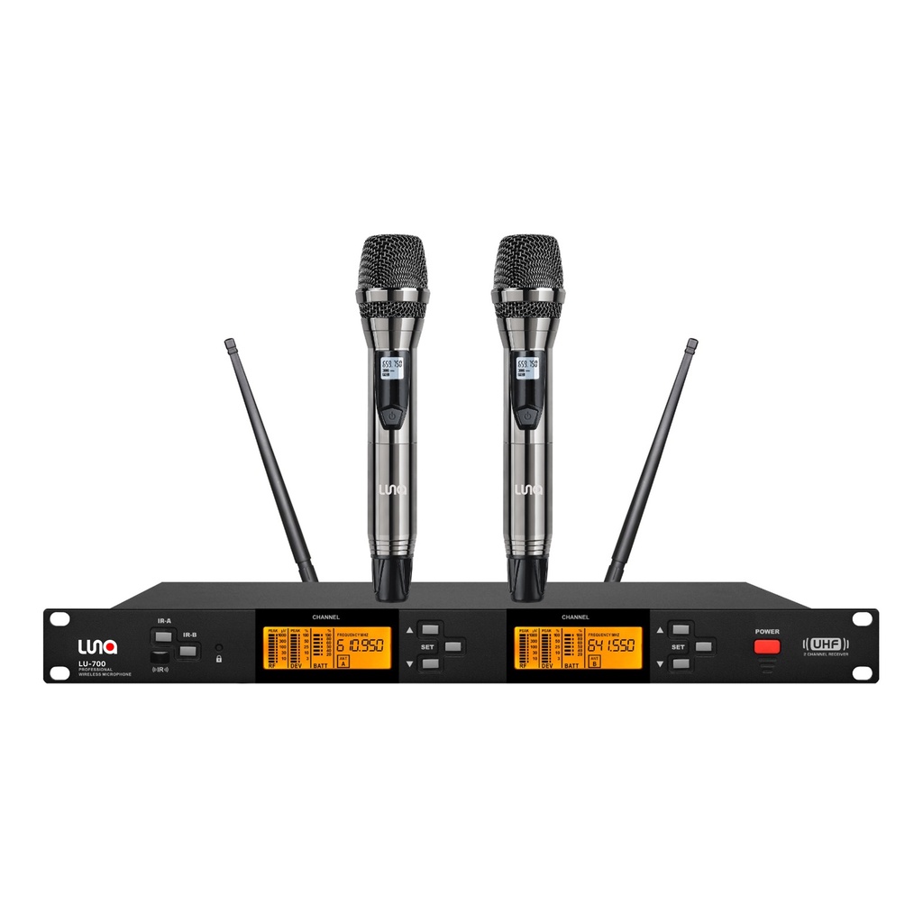 SISTEMA MICROFONO DOBLE INALAMBRICO LUNA, DINAMICO, DIGITAL, DE MANO, CON RECEPTOR, 80 METROS DE ALCANCE MAXIMO