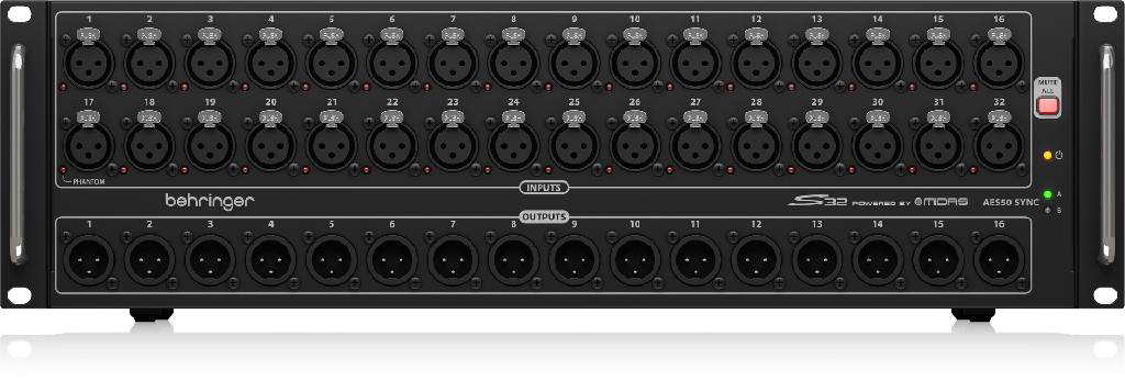 STAGE BOX BEHRINGER, MEDUSA DIGITAL, 32 ENTRADAS XLR, PREAMPLIFICADORES MIDAS, 16 SALIDAS XLR, TECNOLOGIA KLARK TEKNIK SUPERMAC, PUERTOS DE RED AES50, ULTRANET