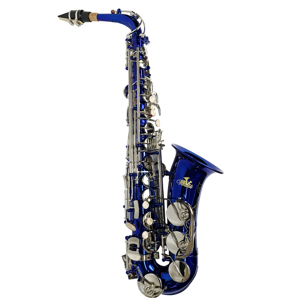SAXOFON ALTO VIVALDI,  AZUL CON LLAVES NIQUELADAS, CON ESTUCHE Y ACCESORIOS