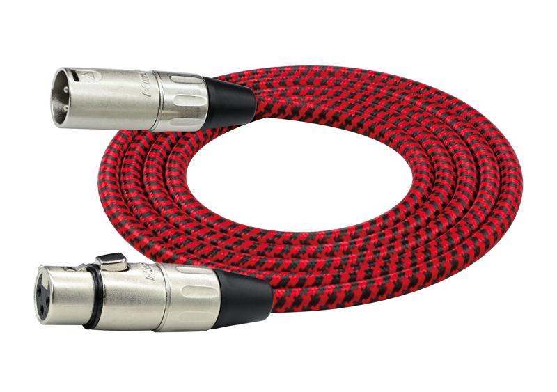 CABLE PARA MICROFONO KIRLIN, XLR MACHO - XLR HEMBRA, CAPA DE TELA ROJO/NEGRO, 10 METROS
