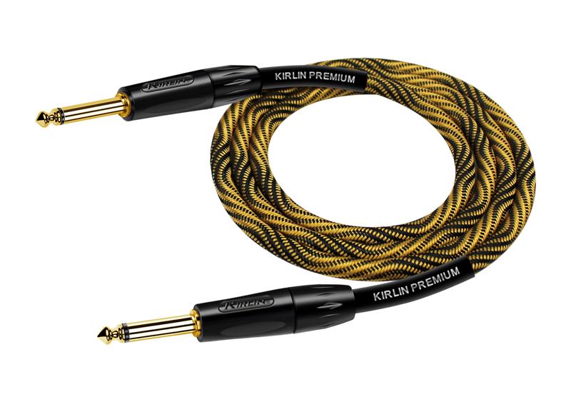 CABLE PARA INSTRUMENTO KIRLIN, TS 1/4 - TS 1/4, CAPA DE TELA DORADO/ NEGRO, PLUG DORADO, 6 METROS, 20 AWG