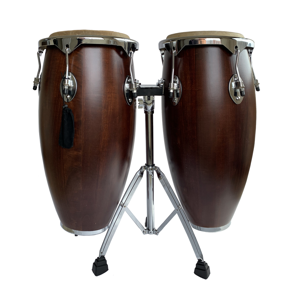 PAR DE CONGAS BOCHELI, 10+11, MADERA, COLOR NOGAL OSCURO, CON SOPORTE