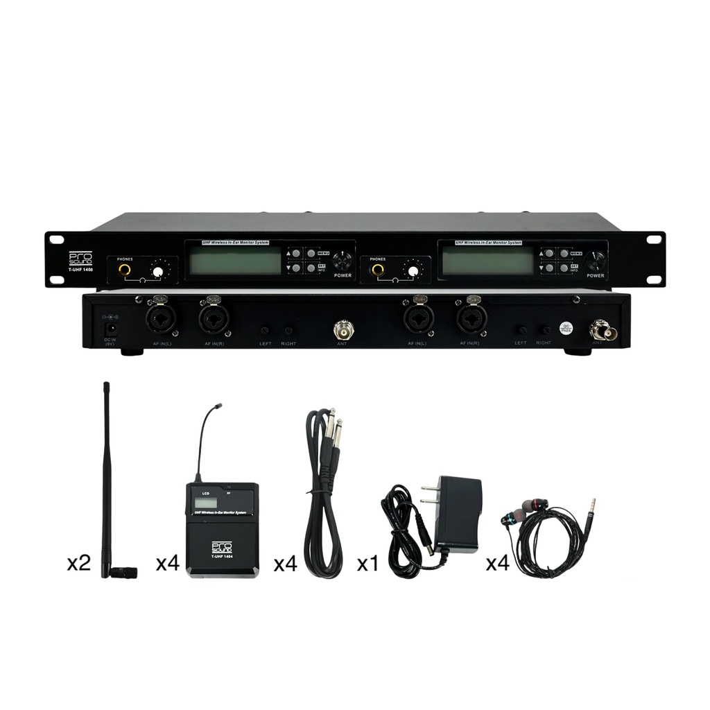 SISTEMA DE MONITOREO PROSOUND, INALAMBRICO, 2 TRANSMISORES, 4 RECEPTORES (BODYPACKS), 4 AURICULARES GRATIS