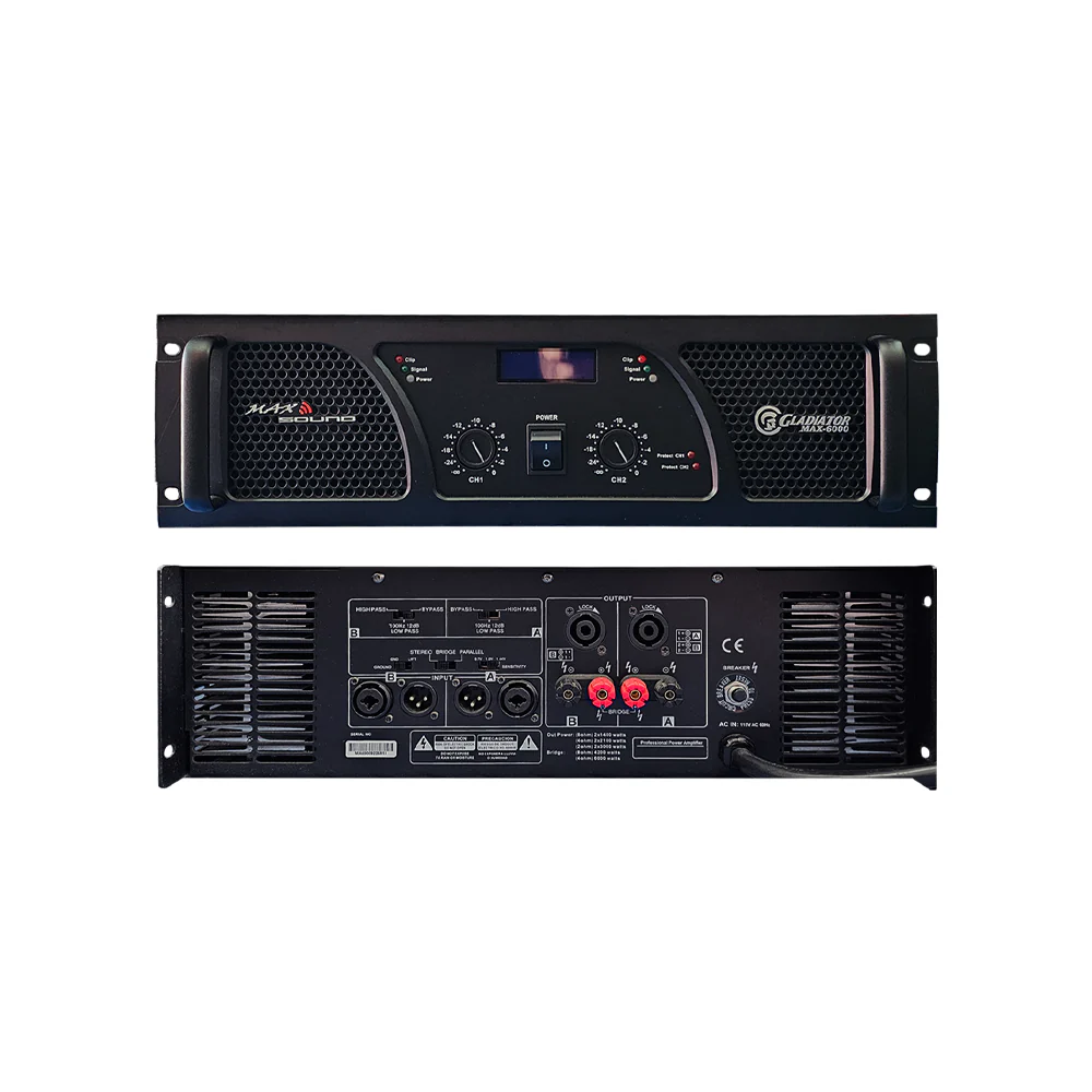 AMPLIFICADOR DE FUERZA (PODER) MAXSOUND, 6000W A 4 OHMS (BDG), CLASE H, CROSSOVER