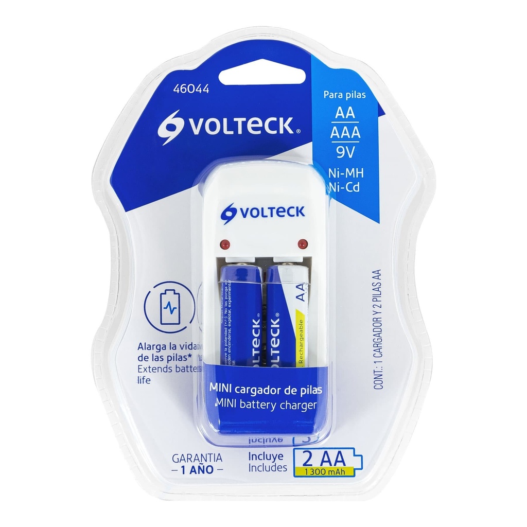CARGADOR DE BATERIAS VOLTECK, PARA AA, AAA Y 9V, INCLUYE 2 BATERIAS AA