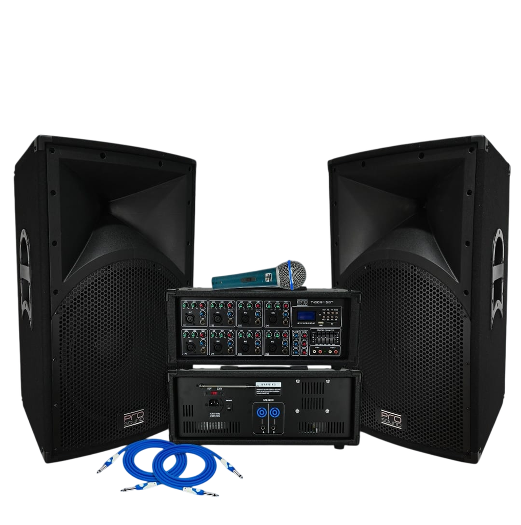 COMBO DE CABEZAL Y BOCINAS PROSOUND, CABEZAL DE 8 ENTRADAS, 2 ALTAVOCES DE 1X15, PEDESTALES, CABLES Y MICROFONO
