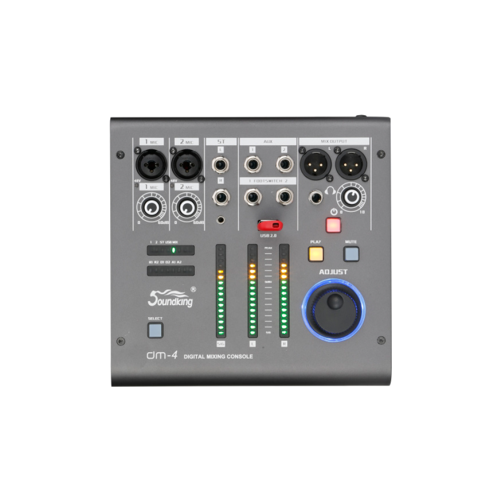 MEZCLADORA DIGITAL SOUNDKING, (CONSOLA) 4 ENTRADAS (2 XLR/LINE) (2 PLUG MON), 4 SALIDAS (2 XLR MAIN) (2 AUX), USB REC/PLAY, EQ, COMP, EFX, INTERFACE, APP CONTROL