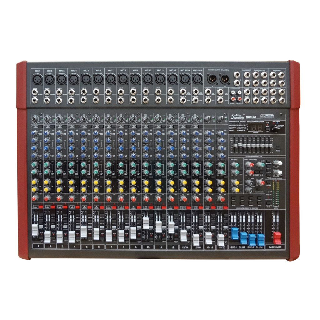 MEZCLADORA PASIVA SOUNDKING, (CONSOLA ANALOGA) 16 ENTRADAS (16 XLR/LINE ) 48V+, 8 SALIDAS (4 AUX)(2 GROUP L/R)(2 AUX RETURN), RCA IN/OUT, USB REC/PLAY, 100 FX, EQ