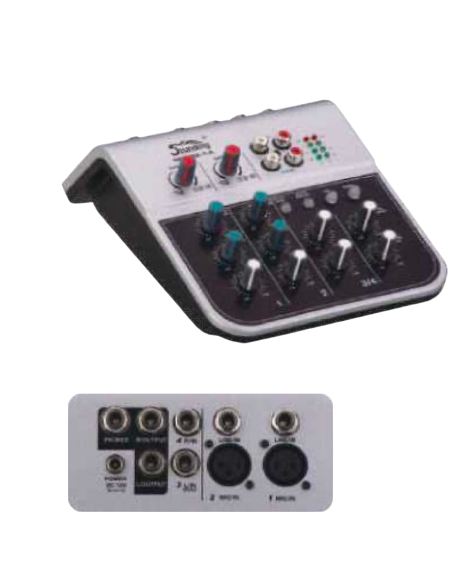 MEZCLADORA PASIVA SOUNDKING, (CONSOLA ANALOGA) 4 ENTRADAS (2 XLR) (2 PLUG MONO), 4 SALIDAS (STEREO L/R) (GROUP L/R), 48V+