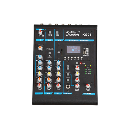 MEZCLADORA PASIVA SOUNDKING, (CONSOLA ANALOGA) 5 ENTRADAS (1 XLR/LINE) (4 PLUG MONO), 48V+, 5 SALIDAS (3 PLUG MONO) (2 XLR MAIN LR), RCA IN/OUT, USB REC/PLAY, BT, EFX, COMP.