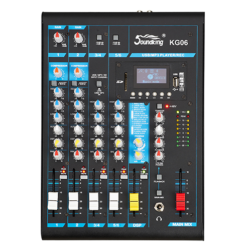 MEZCLADORA PASIVA SOUNDKING, (CONSOLA ANALOGA) 6 ENTRADAS (2 XLR/LINE) (4 PLUG MONO), 48V+, 4 SALIDAS (2 PLUG MONO) (2 XLR MAIN), RCA IN/OUT, USB REC/PLAY, BT, EFX, COMP.