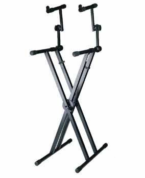 PEDESTAL PARA DOBLE TECLADO SOUNDKING, ESTILO X, DOBLE BARRA, AJUSTABLE, COLOR NEGRO