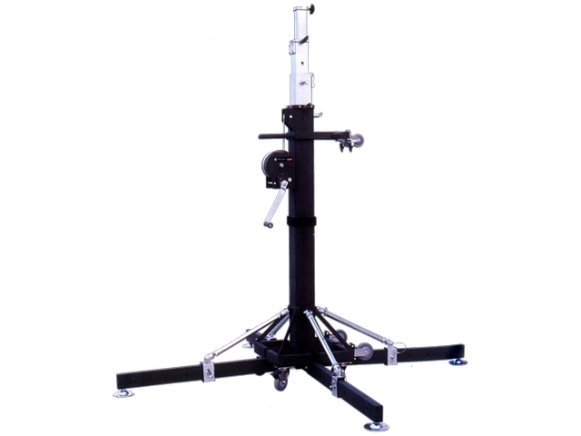 TORRE DE ELEVACION SOUNDKING, CON MANIVELA, RODOS PARA TRANSPORTE, COLOR NEGRO Y PLATEADO