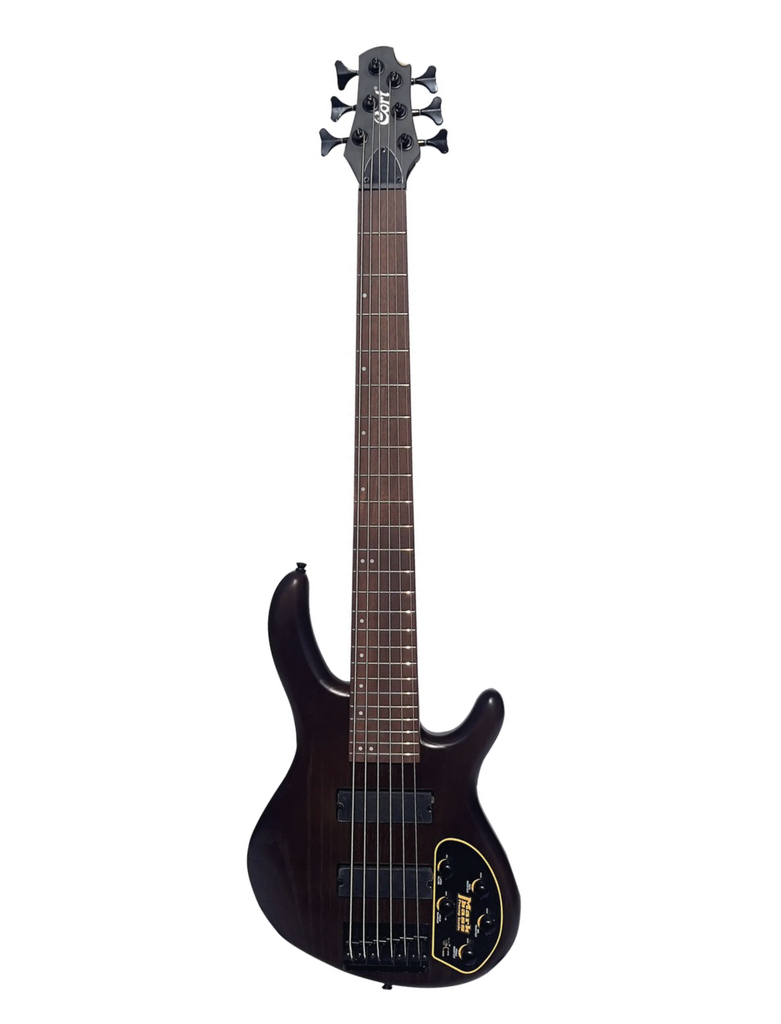 BAJO ELECTRICO CORT, 6 CUERDAS, ACTIVO, CUERPO CENIZA DE PANTANO, CUELLO ARCE DURO, DIAPASON DE PALISANDRO, PASTILLAS PDX-4, ELECTRONICA Markbass MB-1 EQ, COLOR CAFE OSCURO, ACABADO MATE CON VETAS.