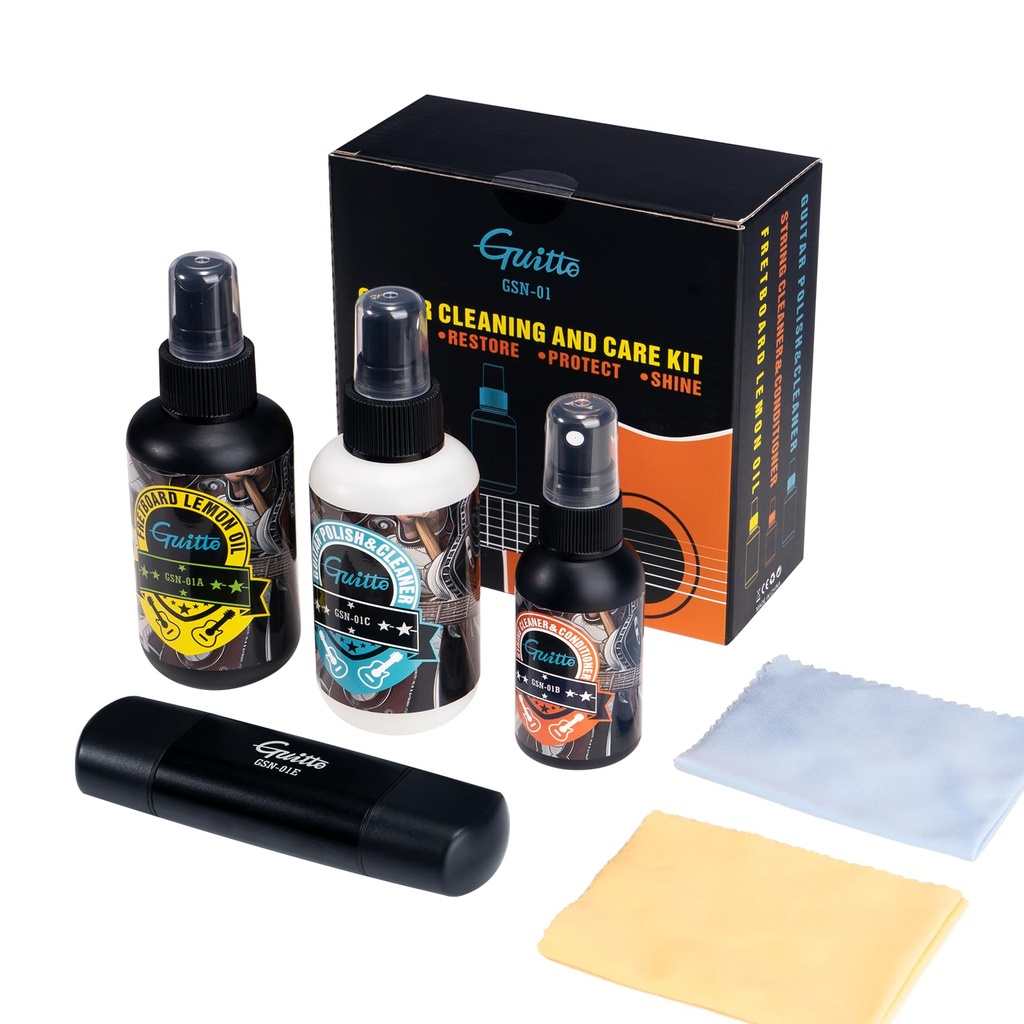KIT DE LIMPIEZA GUITO, PARA GUITARRA, RESTAURADOR, PROTECTOR, PULIDOR, INCLUYE PAÑO DE LIMPIEZA
