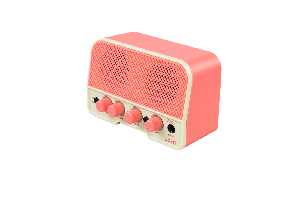 MINI AMPLIFICADOR JOYO, PARA GUITARRA,ENTRADA AUX, PERILLA DE TONO, COLOR ROSADO.