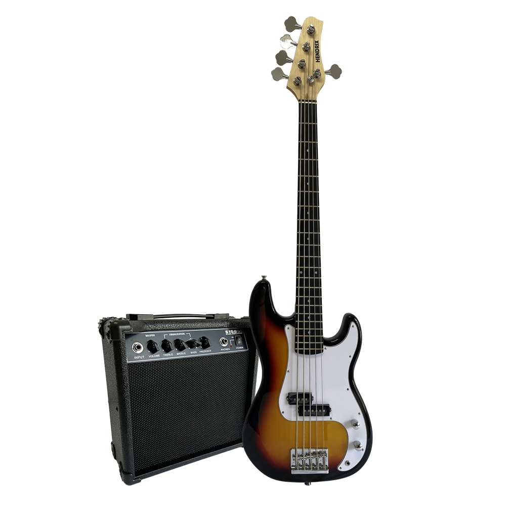 COMBO DE BAJO ELECTRICO HENDRIX, TIPO JB, INCLUYE: AMPLIFICADOR, ESTUCHE Y ACCESORIOS, SOMBREADO (SUNBURST)
