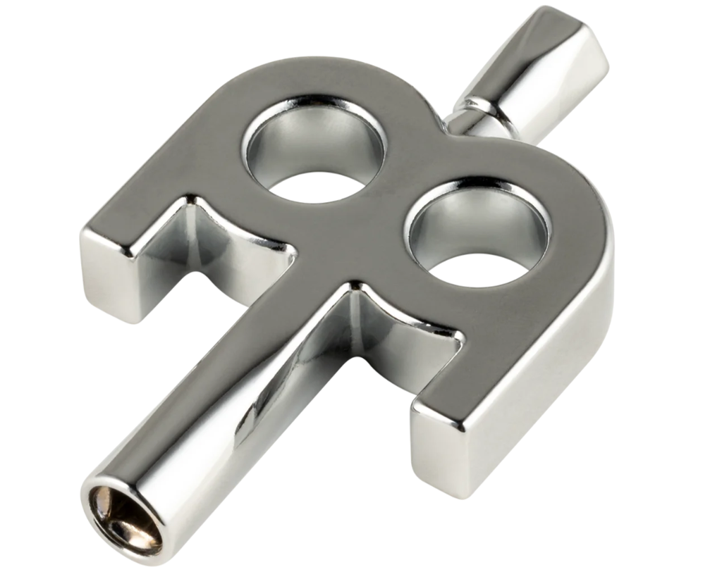 LLAVE MEINL, PARA AFINAR TAMBORES DE BATERIA, CON LOGO DE MEINL, VERSION 1, COLOR PLATEADO.