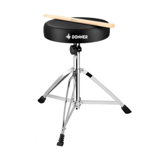 BANCO PARA BATERÍA DONNER, SOPORTA HASTA 113KG, INCLUYE BAQUETAS, COLOR NEGRO