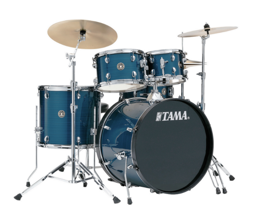 BATERIA ACUSTICA TAMA, SERIE RHYTHM MATE, 5PCS, HAIRLINE BLUE (HLB), ARO CROMADO, INCLUYE PEDESTALES, PLATILLOS Y BANCO