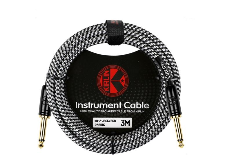 CABLE PARA INSTRUMENTO KIRLIN, TS 1/4 - TS 1/4, CAPA CUBIERTO DE TELA GRIS/ NEGRO, PLUG DORADO, 3 METROS, 24 AWG