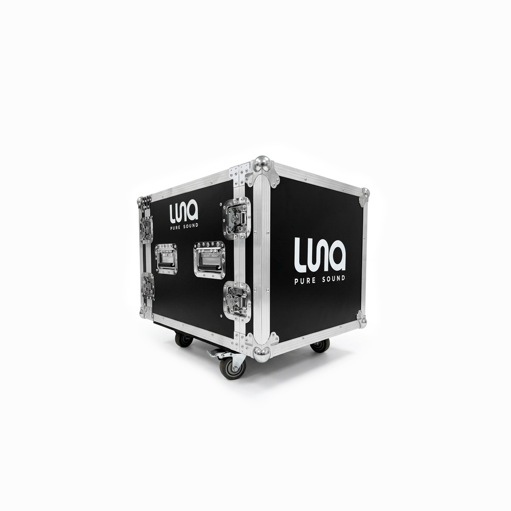 HARD CASE, RACK DE GIRA PROFESIONAL, LUNA, CON RUEDAS, 10U, COLOR NEGRO, ORILLAS COLOR PLATEADO.