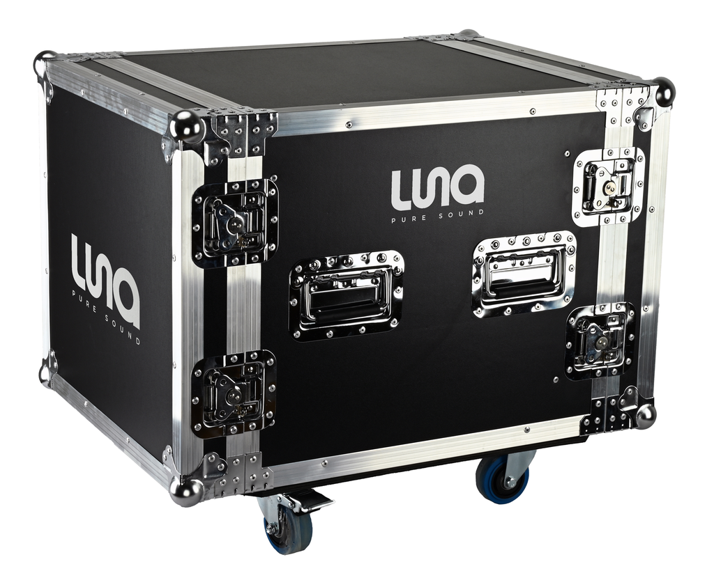 HARD CASE, RACK DE GIRA PROFESIONAL, LUNA, CON RUEDAS, 10U, COLOR NEGRO, ORILLAS COLOR PLATEADO.