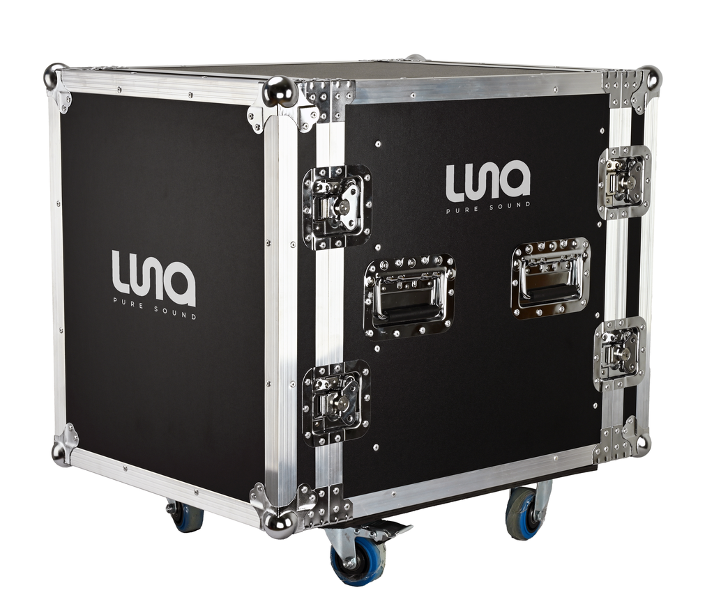 HARD CASE, RACK DE GIRA PROFESIONAL, LUNA, CON RUEDAS, 12U, COLOR NEGRO, ORILLAS COLOR PLATEADO.