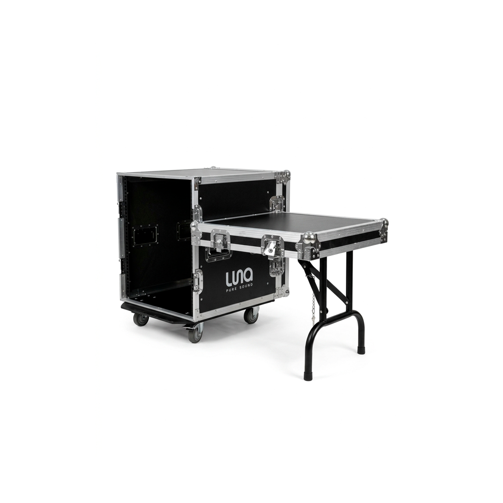 HARD CASE, RACK DE GIRA PROFESIONAL, LUNA, CON RUEDAS, 12U, MESA PLEGABLE INTEGRADA, COLOR NEGRO, ORILLAS COLOR PLATEADO.