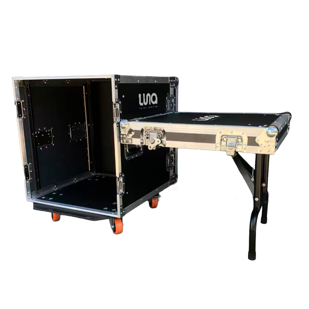 HARD CASE, RACK DE GIRA PROFESIONAL, LUNA, CON RUEDAS, 12U, PUERTAS CONVERTIBLES A MESA, COLOR NEGRO, ORILLAS COLOR PLATEADO.