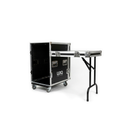 HARD CASE, RACK DE GIRA PROFESIONAL, LUNA, CON RUEDAS, 16U, MESA PLEGABLE INTEGRADA, COLOR NEGRO, ORILLAS COLOR PLATEADO.