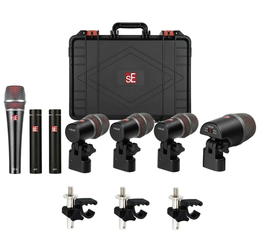 SET DE 7 MICROFONOS SE, PARA BATERIA, 5 DINAMICOS, 2 CONDENSADO, CLIPS Y CASE