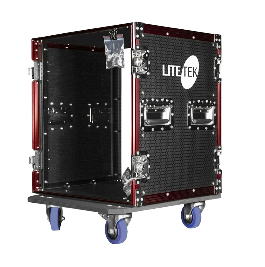 HARD CASE, RACK DE GIRA PROFESIONAL, LITE TEK, CON RUEDAS, 12U, COLOR NEGRO CON PERFIL ROJO.