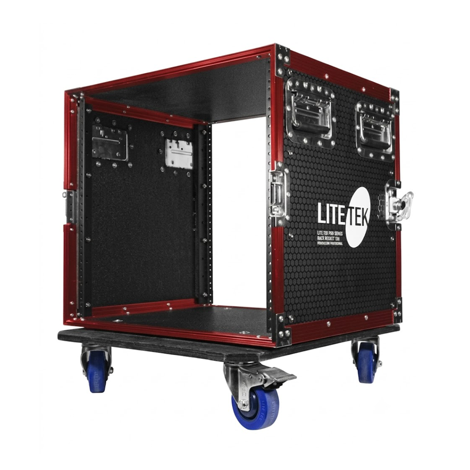 HARD CASE, RACK DE GIRA PROFESIONAL, LITE TEK, CON RUEDAS, 10U, COLOR NEGRO CON PERFIL ROJO.