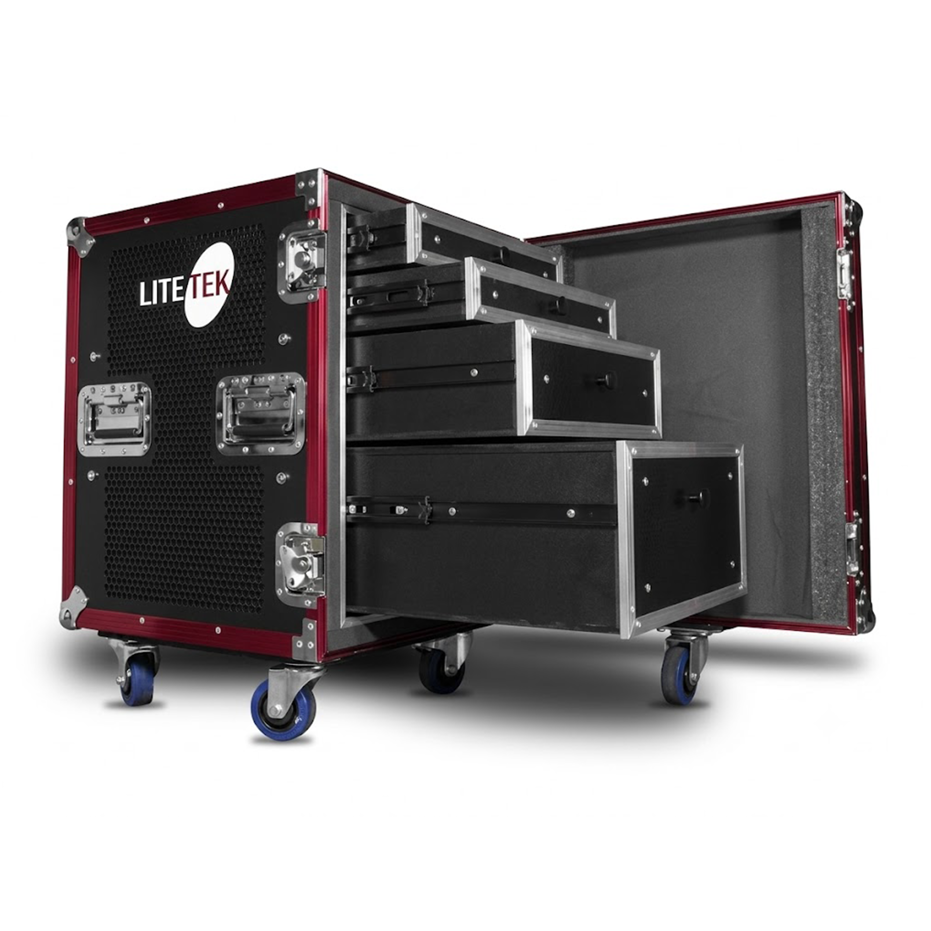 HARD CASE, RACK DE GIRA PROFESIONAL, LITE TEK, SERIE TOOLS, 4 BANDEJAS, CON RUEDAS, 16U, COLOR NEGRO CON PERFIL ROJO. (copia)