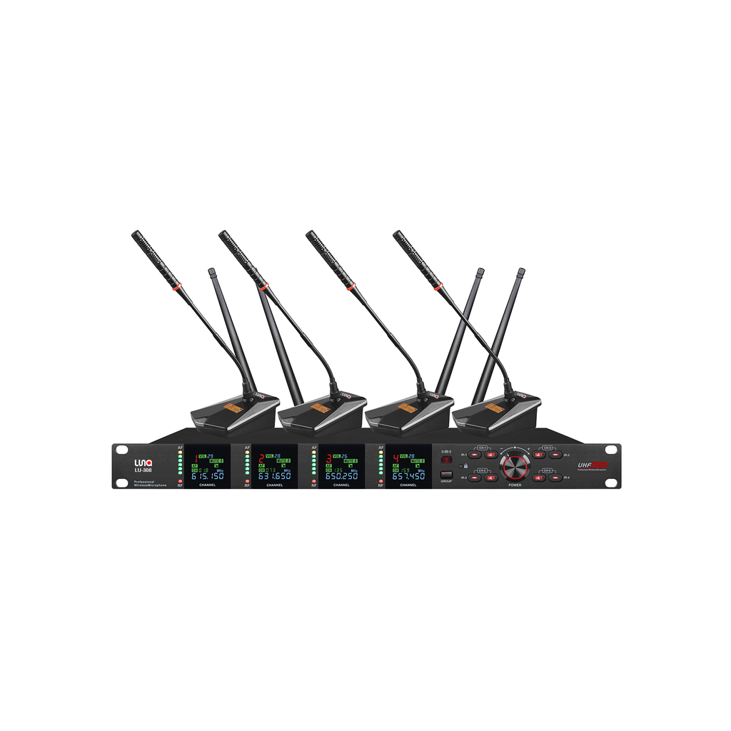 SISTEMA DE MICROFONIA PARA CONFERENCIAS LUNA, UHF, INALAMBRICO, CONTIENE 1 RECEPTOR + 4 BASES DE CONFERENCIA CON CUELLO DE CISNE, ELEGANTE, CANALES INDEPENDIENTES, 400 FRECUENCIAS, 80 METROS DE ALCANCE MAXIMO.