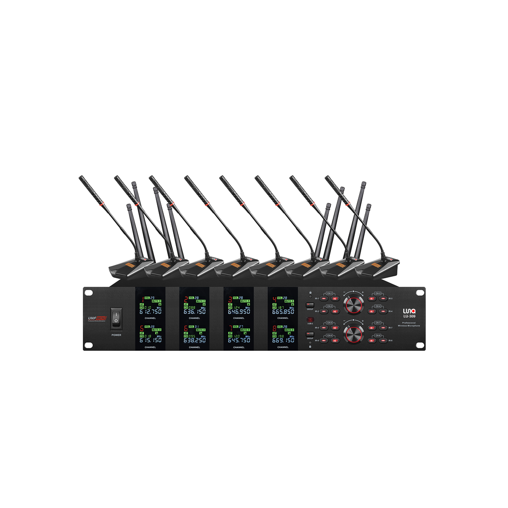 SISTEMA DE MICROFONIA PARA CONFERENCIAS LUNA, UHF, INALAMBRICO, CONTIENE 1 RECEPTOR + 8 BASES DE CONFERENCIA CON CUELLO DE CISNE, ELEGANTE, CANALES INDEPENDIENTES, 400 FRECUENCIAS INTERCAMBIABLES, 80 METROS ALCANCE MAXIMO.
