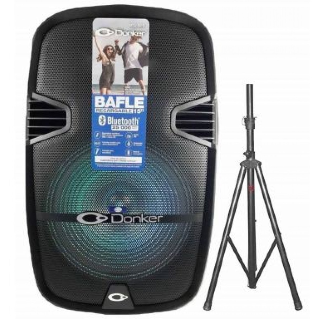 ALTAVOZ ACTIVO DONKER, 1X15, RECARGABLE, BLUETOOTH, FM, USB, SD, LUZ LED, CON PEDESTAL