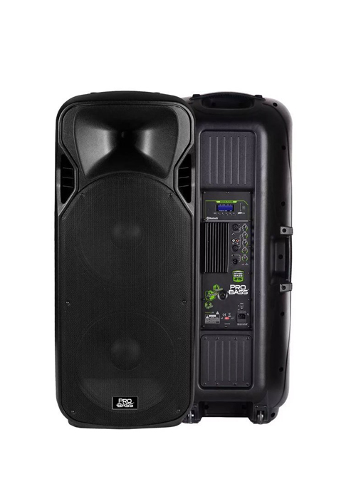 ALTAVOZ ACTIVO PROBASS, 2X15, USB/SD/MP3/BLUETOOTH/CR, 30 HZ – 20KHZ, CLASE H, NEGRO