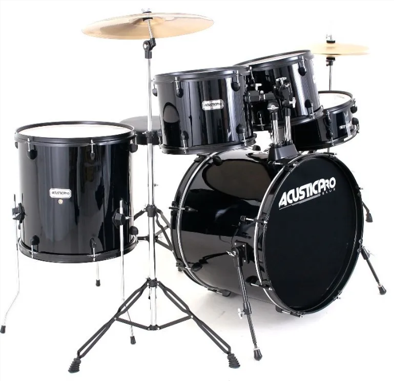 BATERIA ACUSTICA ACUSTIC PRO, 5PCS, NEGRO BRILLANTE, ARO NEGRO, INCLUYE PLATOS Y BANCO