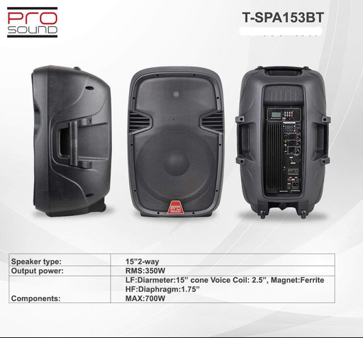 [T-SPA153BT] ALTAVOZ ACTIVO PROSOUND, 1X15, 350 WATTS RMS, 2 IN XLR, EQ GRAFICO, USB/MP3/BT/RADIO FM