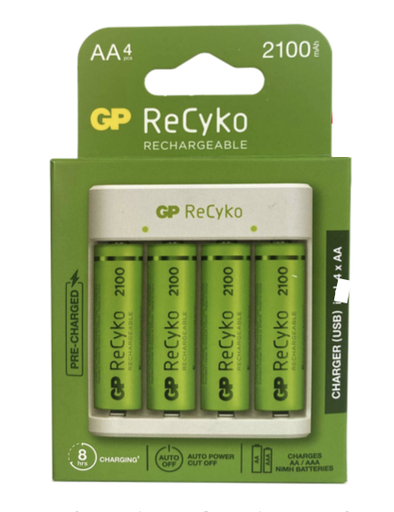 [GPACSE411001] BATERÍAS RECARGABLES GP RECYKO, 4 UNIDADES TIPO AA,  CON CARGADOR INCLUIDO